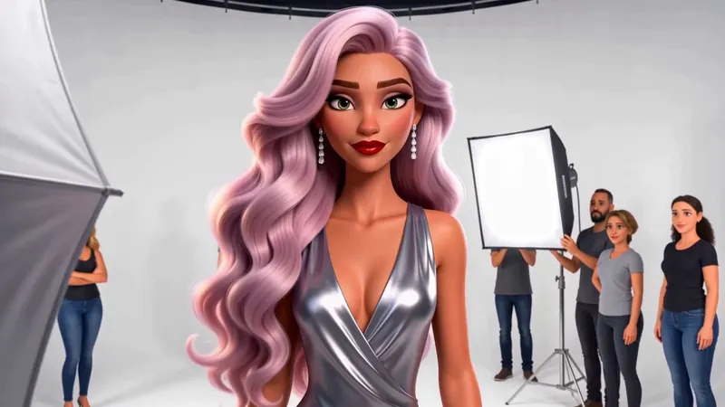 The same woman in a silver gown on a studio photo shoot