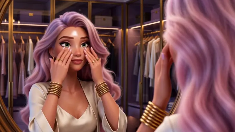 A woman with long pink hair at her mirror, hands raised to her face