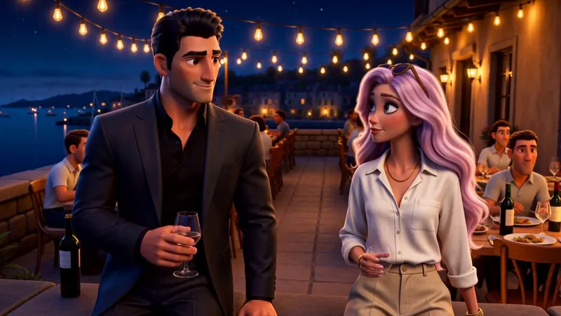 The two of them on a rooftop terrace under string lights