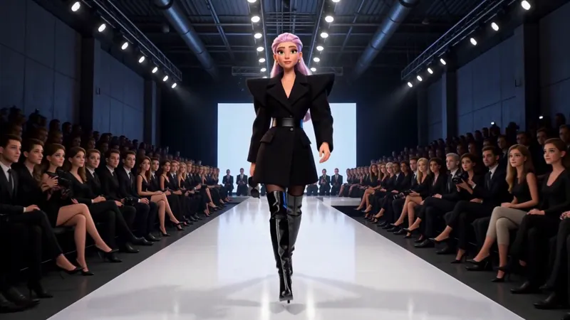 She walks a runway between two rows of spectators