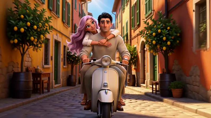 The two of them ride a scooter down a sunlit street