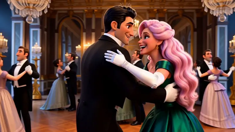 She dances a waltz with a man in a candlelit ballroom